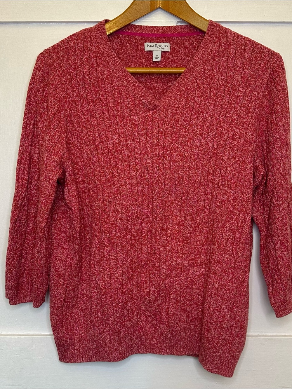 Kim Rogers Heathered Coral Pink V-Neck Cable Knit Sweater